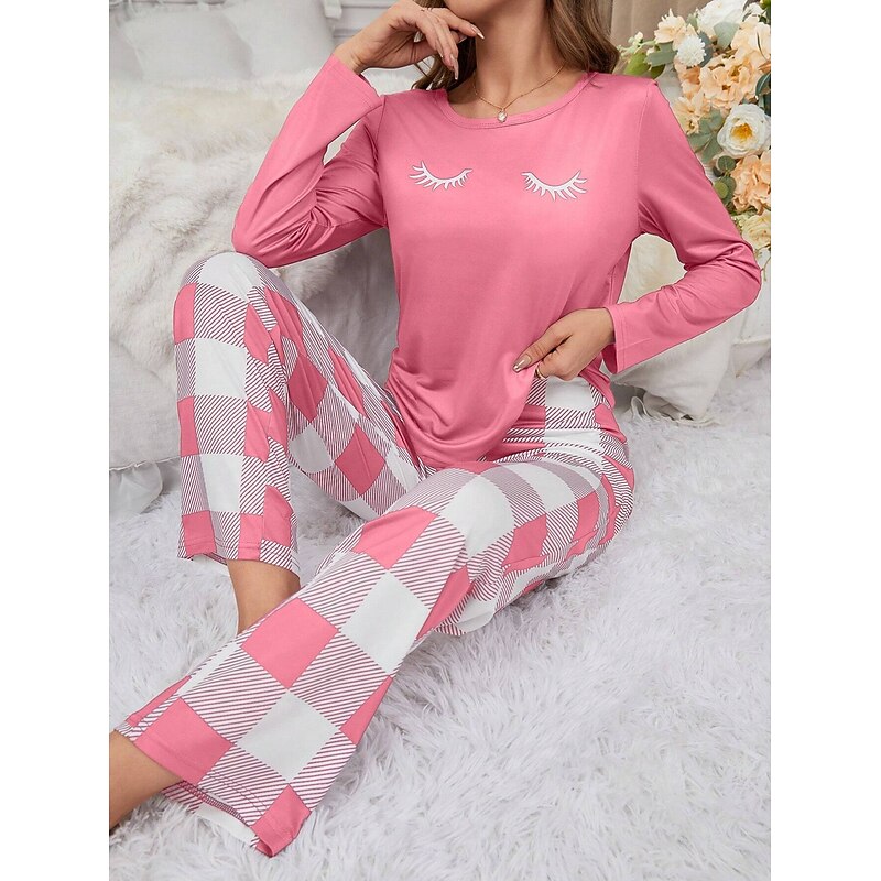 Women's Pajama Set Casual Comfort Comfrt Cartoon Grid / Plaid T Shirt Pant Home Long Sleeve Crew Neck Black Pink Spring Fall Winter