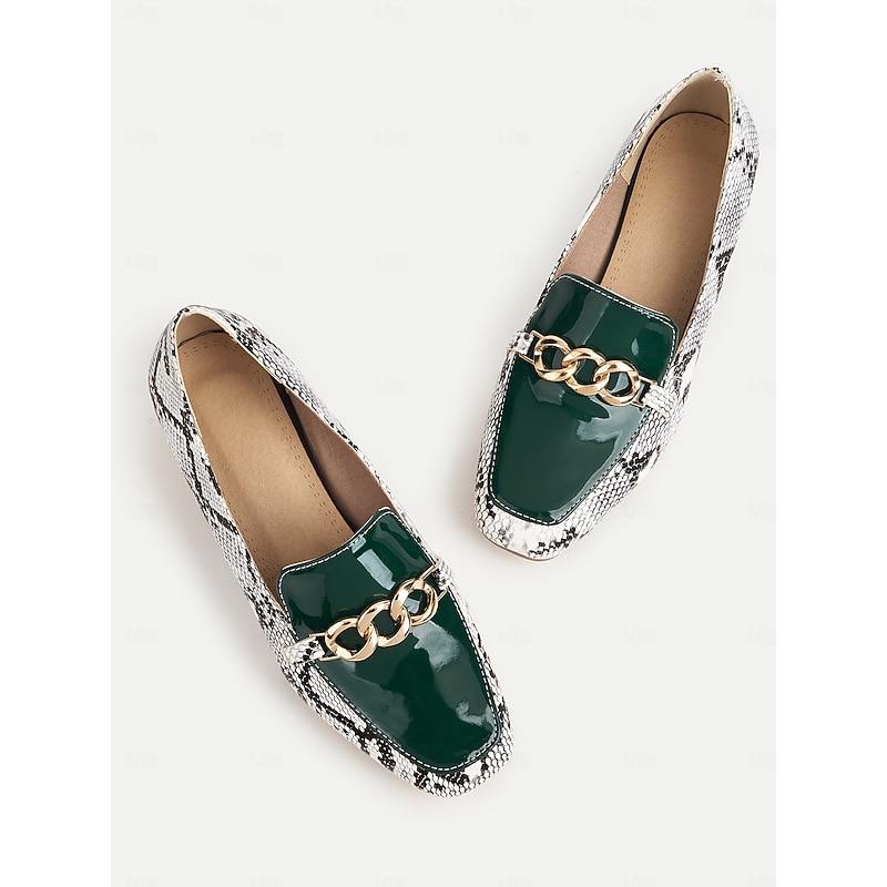 Women's Green Patent Leather Loafers with Snake Print and Gold Chain, Chunky Heel, Stylish and Comfortable Shoes for Work Wear4