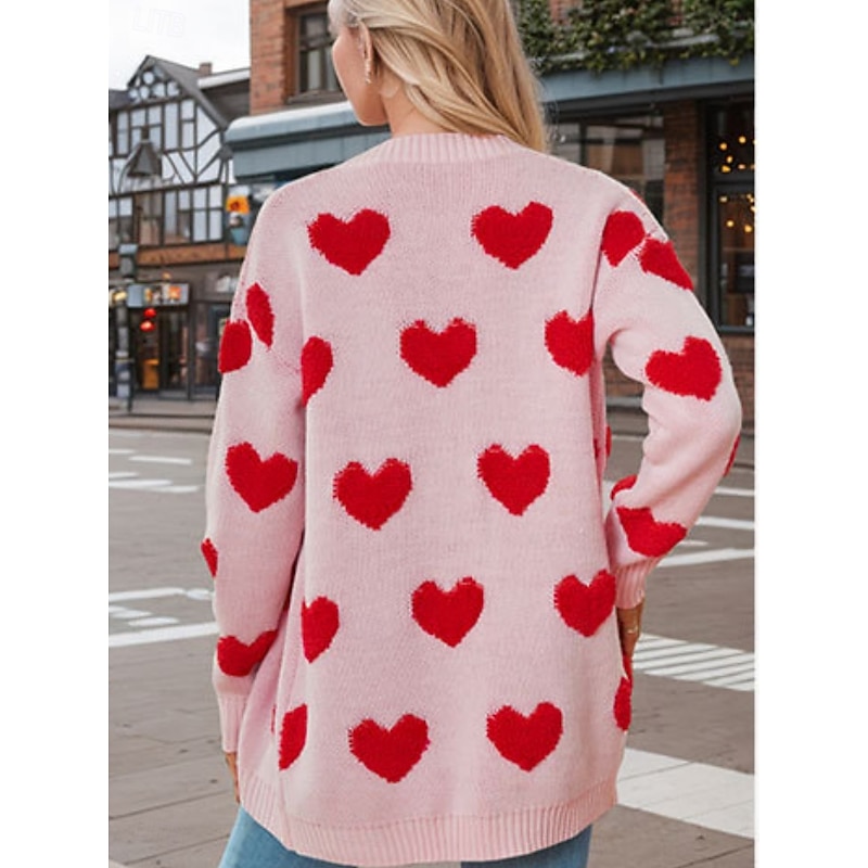 Women's Valentine Pink Sweater Cardigan Casual Soft Heart Ribbed V Neck Buttons Knitted Long Sleeve Regular Tops Knit Outdoor Daily Weekend Black White Fall Winter2