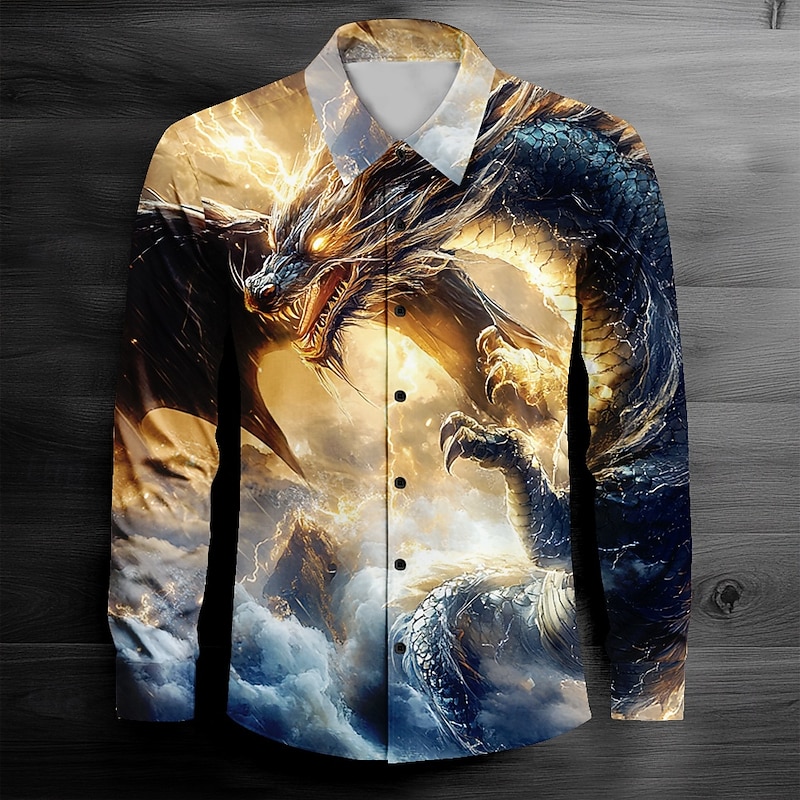 Men's Dragon Collared Shirt Button Up Shirt Long Sleeve Dark Causal Casual Spring Fall Turndown Button Up Yellow