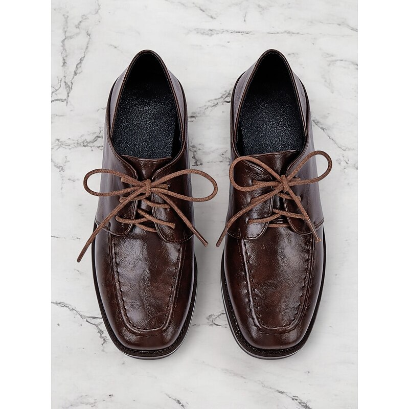 Women's Classic Brown Faux Leather Oxford Shoes - Lace-Up Design, Retro Style, Comfortable Formal Footwear for Office or Business Wear4