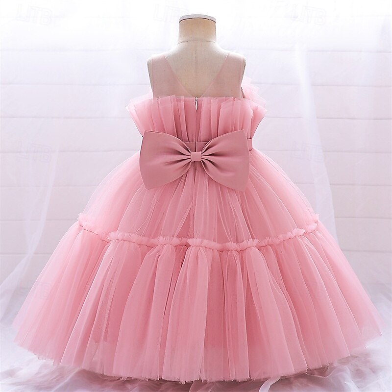 Flower Girl Dress Kid's Girls' Princess Dress Performance Wedding Party Elegant Beautiful Mesh Solid Color Sleeveless Crew Neck Pink Green 4 years+