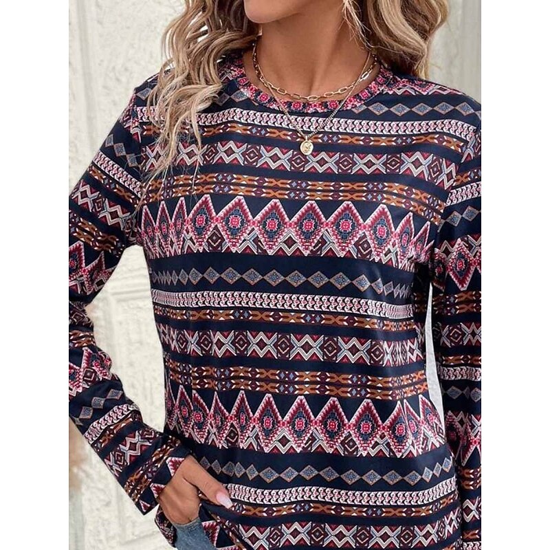 Women's T shirt Long Sleeve Crew Neck Long Sleeve Tunic Geometric Vintage Casual Regular Tops Daily Print Navy Blue Spring Fall Prefall3