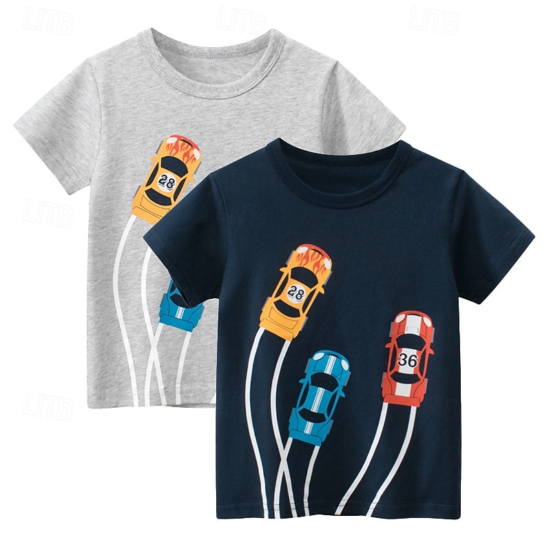 Multi Packs 2pcs Boys Crew Neck Short Sleeves Gray+Navy Blue T Shirt Tee Top Print Graphic Vacation Daily Wear 100% Cotton Spring & Summer