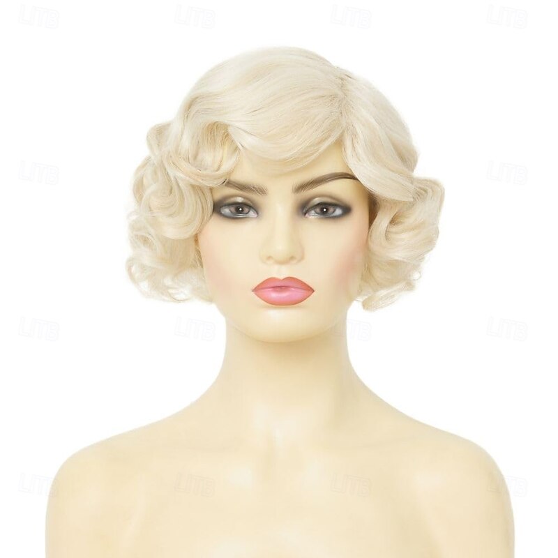 Short Blonde Finger Wave Wig for Women 1920s Curly Synthetic Flapper Wig Heat Resistant Side Part Vintage Cosplay Costume Hair Wig Halloween Wigs