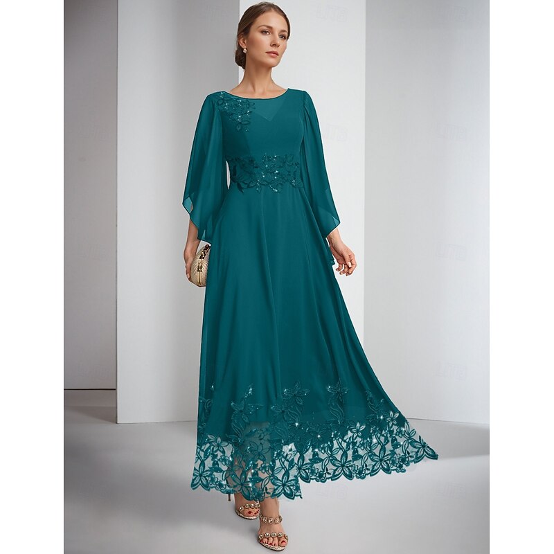 A-Line Dress Mother of the Bride Dress Elegant Sparkle & Shine Jewel Neck Ankle Length Chiffon Long Sleeve with Lace Embroidery Solid Color3