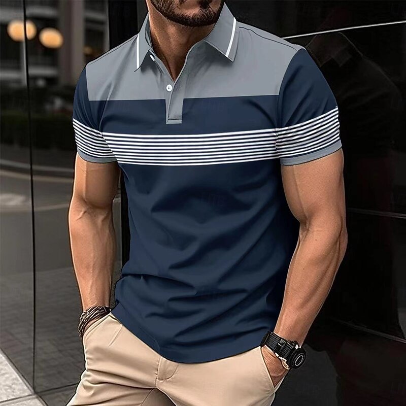 Men's Business Polo Golf Shirt Business Casual Lapel Classic Short Sleeve Color Block Stripes Patchwork Buttons Summer Spring &  Fall White Red Orange Green Khaki Gray Business Polo