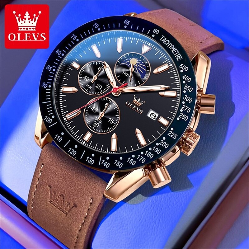 Men's Business Quartz Watch Luminous Moon Phase Chronograph Calendar Multifunction Three Eyes Six Hands Men's Watch