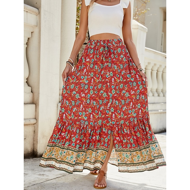 Women's Skirt A Line Swing Bohemia Fashion Casual Maxi High Waist Skirts Floral Print Micro-elastic Street Daily Red Navy Blue Green Summer Polyester