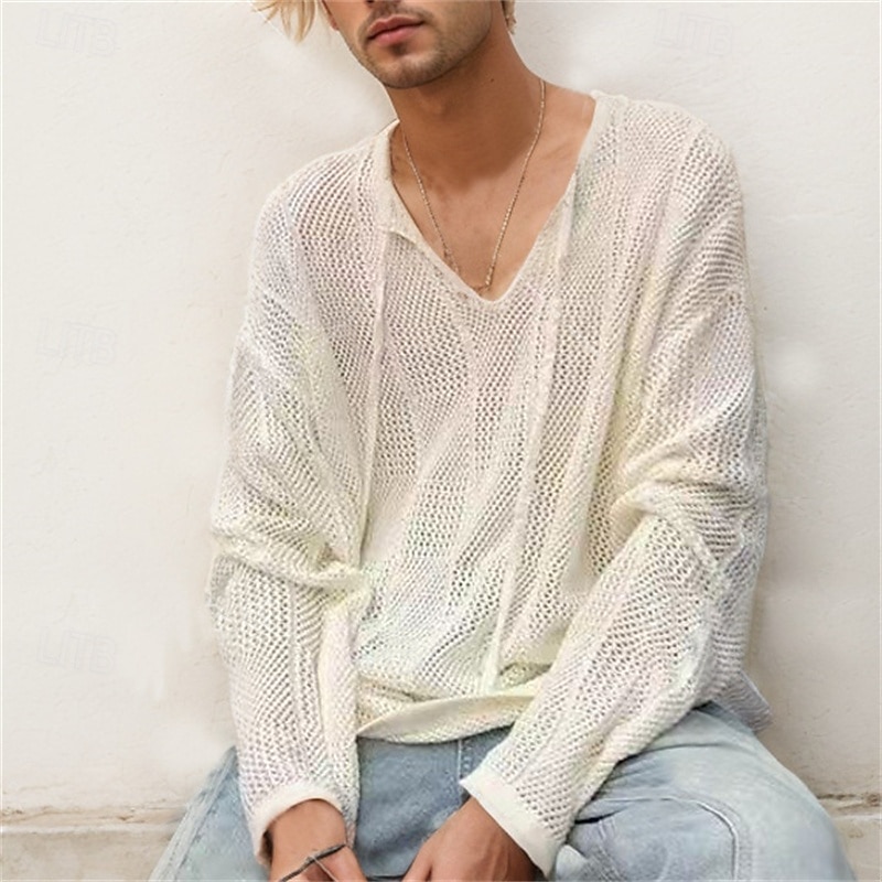 Men's Sweater Pullover Sweater Jumper Ribbed Knit Regular Tops Knitted Slim Fit Plain V Neck Modern Contemporary Work Daily Wear Clothing Apparel Winter Black White S M L2