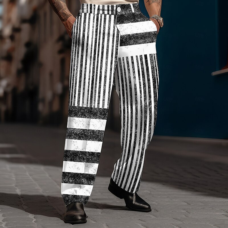 Men's Striped Geometric Pattern Trousers Dress Pants Mid Waist Casual Vintage Retro Holiday Streetwear Dads Day Gifts Flat-Front Straight Leg Trousers Summer Spring Fall 3D Print Blue 1 Black Blue2