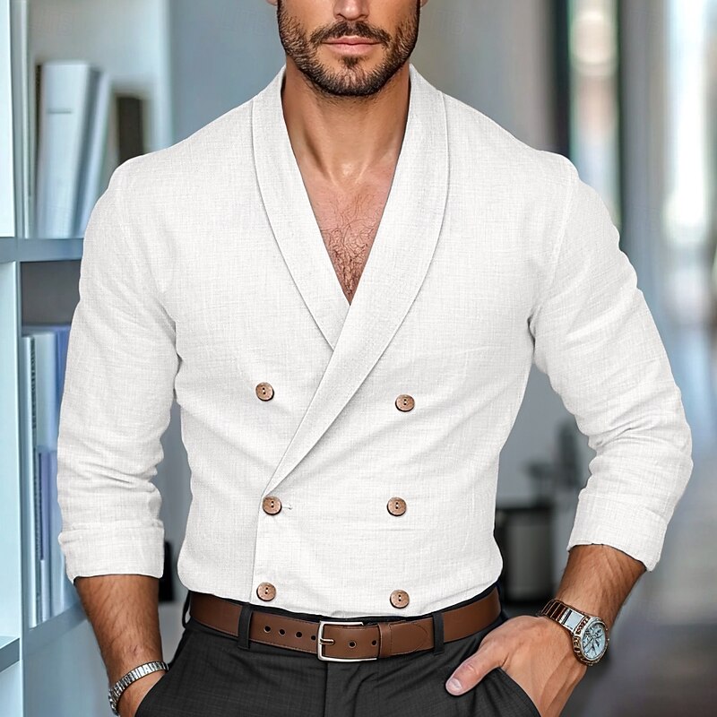 Men's Shirt Linen Shirt Summer Shirt Work Shirt Solid Color Formal Work White Navy Blue Khaki Long Sleeve Shawl Collar Spring &  Fall Cross-Seasons Clothing Apparel Buttons4