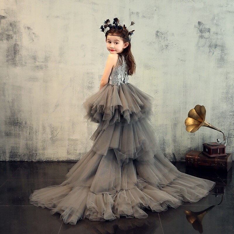 Flower Girl Dress Kid's Girls' Princess Dress Performance Wedding Party Elegant Beautiful Mesh Solid Color Sleeveless Crew Neck Grey 4 years+2