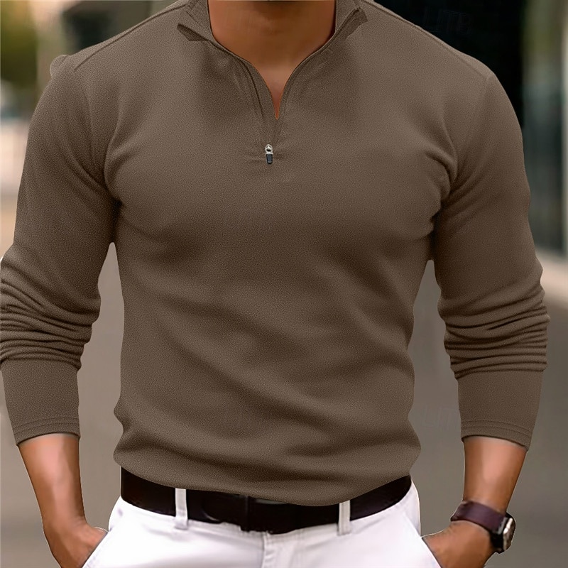 Men's Quarter Zip Polo Golf Polos Shirts Outdoor Causal Quarter Zip Long Sleeve Fashion Modern Solid Color Knitted Spring &  Fall Standard Fit Black White Navy Blue Dark Green Brown Quarter Zip Polo2