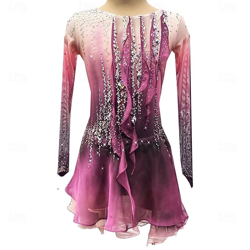 Figure Skating Dress Women's Girls' Ice Skating Dress Rose Red Thumbhole Halo Dyeing High Elasticity Professional Competition Skating Wear Thermal Warm Crystal / Rhinestone Long Sleeve Ice Skating