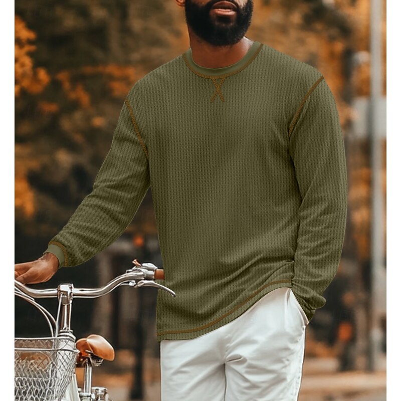 Men's Waffle Tee T Shirt Waffle Knit Tee Long Sleeve Crew Neck Summer Spring Fall Solid Color Knitwear Fashion Daily Color Block Formal Outdoor Home Black Green White Top Tee for Men