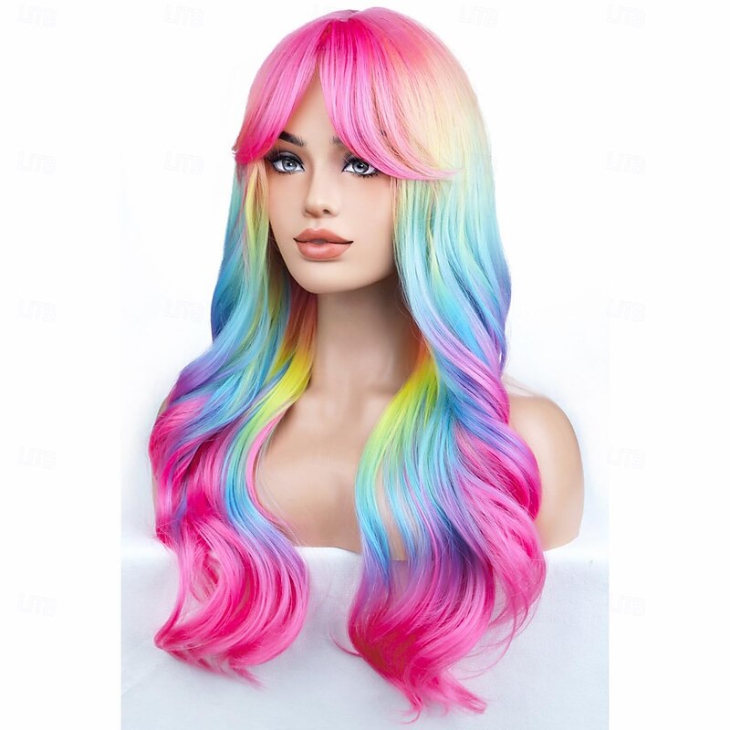 Rainbow Ombre Wigs Long Wavy Wig for Women with Bangs Colorful Ombre Costume Curly Heat Resistant Synthetic Hair Wigs for Carnival2