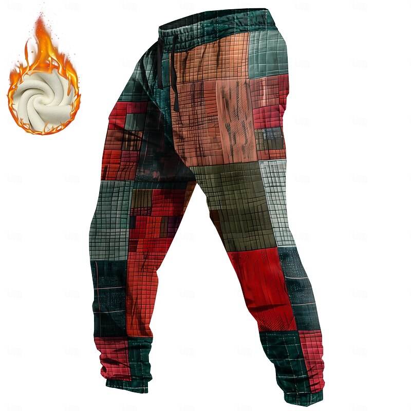 Men's Color Block Patchwork Fleece Sweatpants Drawstring Elastic Waist Vintage Casual Outdoor Holiday Streetwear Warm Fleece Lined Thermal Winter 3D Print Yellow Blue Orange3