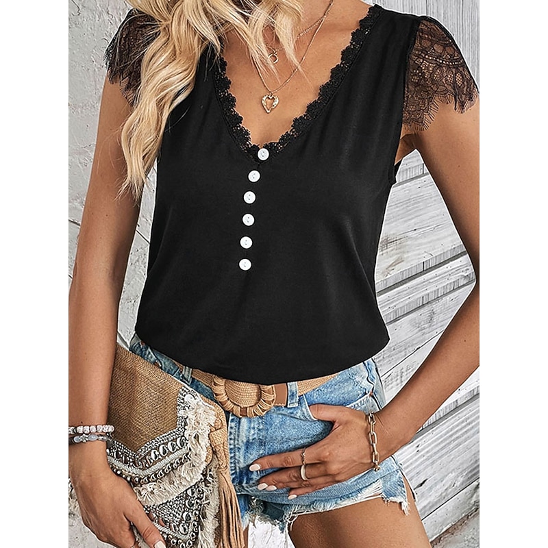 Women's Blouse Solid Color Elegant Stylish Casual Short Sleeve V Neck Vacation Party Daily Black Summer Spring