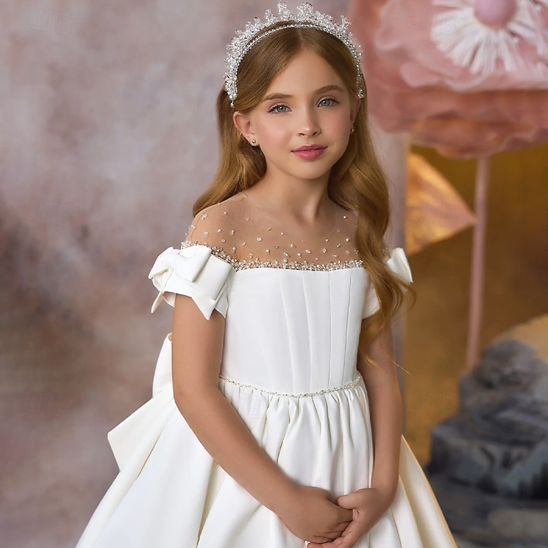 Flower Girl Dress Girls' First Communion Dress Party Dress Performance Wedding Party Princess Sweet Mesh Solid Color Sleeveless Off Shoulder Ivory kids3