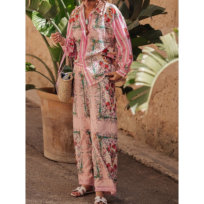Women's Fashion Streetwear Daily Shirt Blouse Wide Leg Pants Long Sleeve Shirt Collar Floral Color Block Print Casual Daily Pink Spring &  Fall Regular Fit2