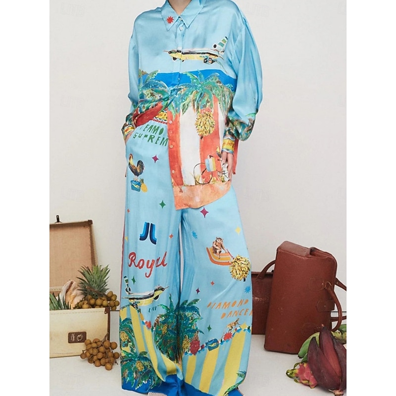 Women's Fashion Streetwear Daily Shirt Blouse Wide Leg Pants Long Sleeve Shirt Collar Graphic Print Casual Daily Blue Fall Regular Fit
