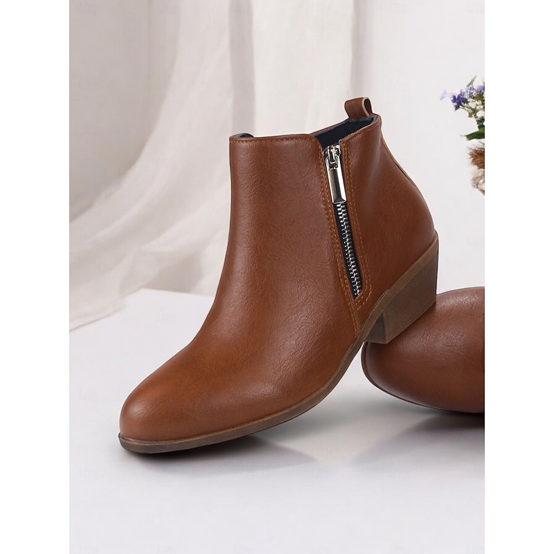 Women's Brown Faux Leather Ankle Boots with Side Zipper | Comfortable and Stylish for Everyday Wear