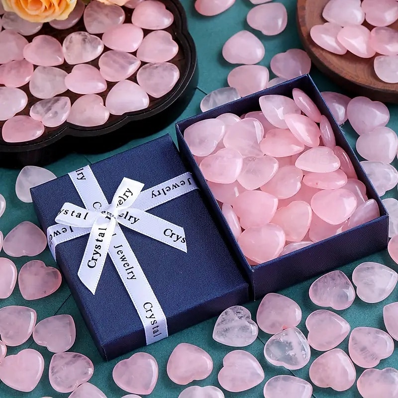 Valentine's Day Heart-Shaped Stone Gift Box, 2cm Rose Quartz Heart Stone, Natural Peach Rose Quartz, Heart-Shaped Crystal Stone in Gift Box, Romantic Gift for Lovers
