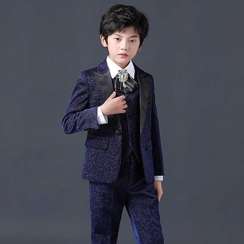 4 Pieces Ring Bearer Suit Boys Kids Suit Formal Suit Blazer & Vest & Pants & Tie Formal Party Valentines Fashion Cool Solid Color Pocket Navy Blue Polyester3
