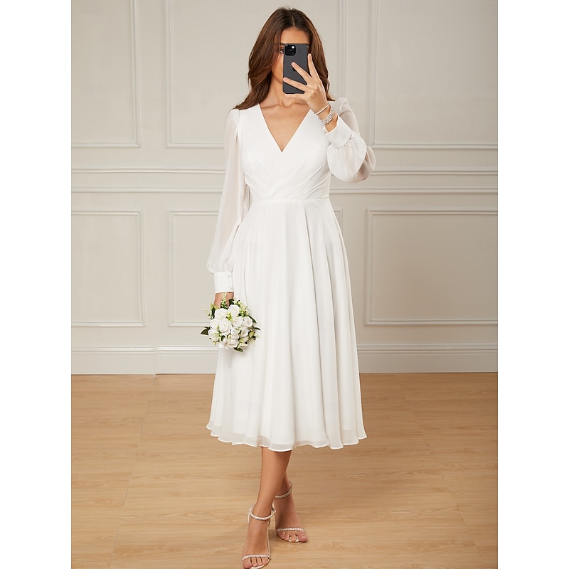 Wedding Dresses Beach Wedding A-Line V Neck Long Sleeve Ankle Length Chiffon Bridal Gowns With Solid Color3