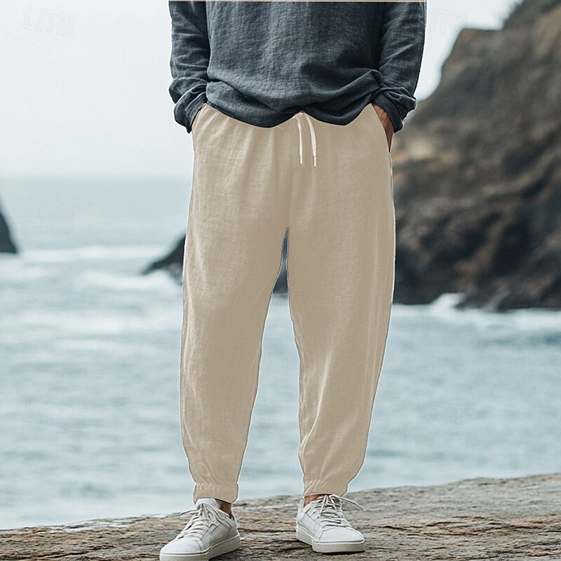 Men's Linen Pants Trousers Summer Pants Elastic Waist Straight Leg High Rise Solid Color Comfort Breathable Full Length Wedding Holiday Vacation Fashion Black White High Waist Inelastic3
