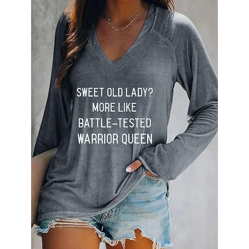 Women's T shirt Long Sleeve V Neck Long Sleeve Graphic Casual Basic Print Regular Tops Daily Weekend Gray Fall & Winter Prefall