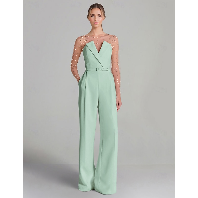 Jumpsuits Evening Gown Elegant Dress Formal Wedding Floor Length Long Sleeve Illusion Neck Pocket Stretch Crepe with Pearls Pocket2