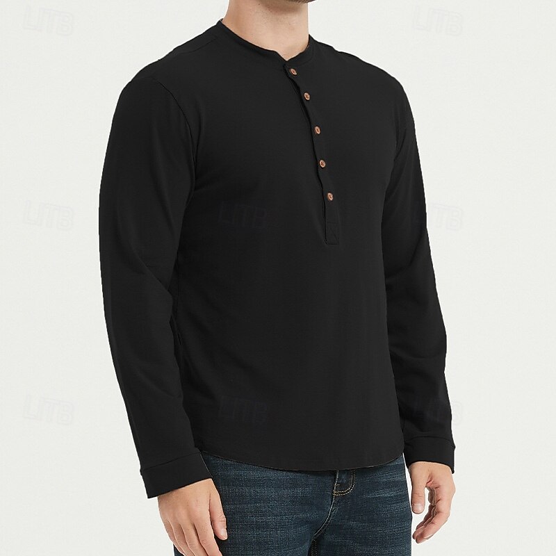 Men's Button T Shirt T Shirt Henley Shirt Tee Long Sleeve Henley Spring &  Fall Plain Fashion Designer Basic Buttons Vacation Street Going out Black White Royal Blue Top Tee for Men2