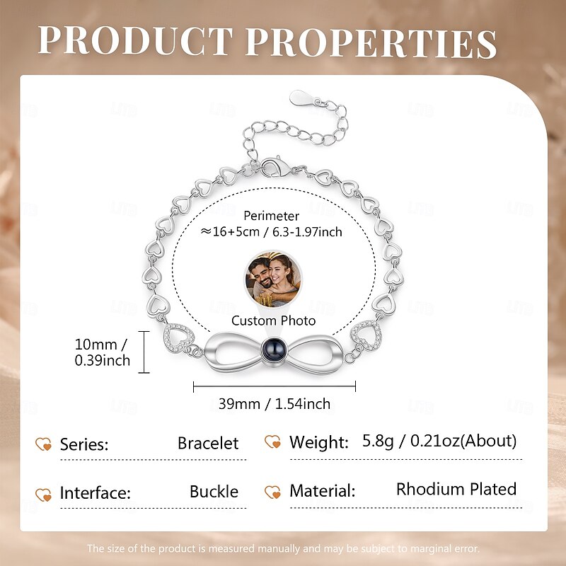 Personalized Projection Bracelet Custom Best Gift for Mom - Rhodium Plated Bracelet, Couple Theme Wedding, Mother's Day Romantic Gifts for Girlfriend, Wife, Mom2