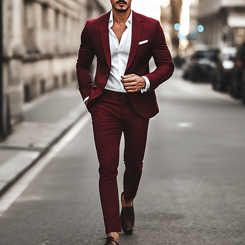 Men's Casual Suits Notch Lapel Black Burgundy WorkWear Street Style Solid Colored Standard Fit 2 Piece Single Breasted One-button