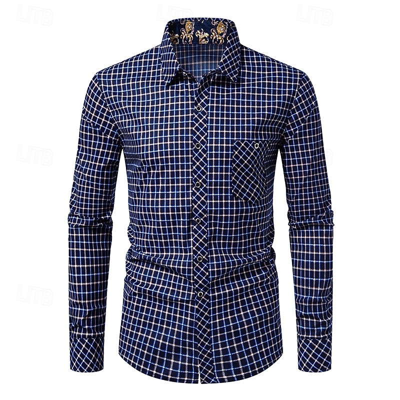 Men's Shirt Summer Shirt Casual Shirt Button Up Shirt Checked Shirts Red Blue Long Sleeve Plaid Lapel Vacation Holiday Front Pocket Clothing Apparel Polyester Fashion Casual Comfortable2