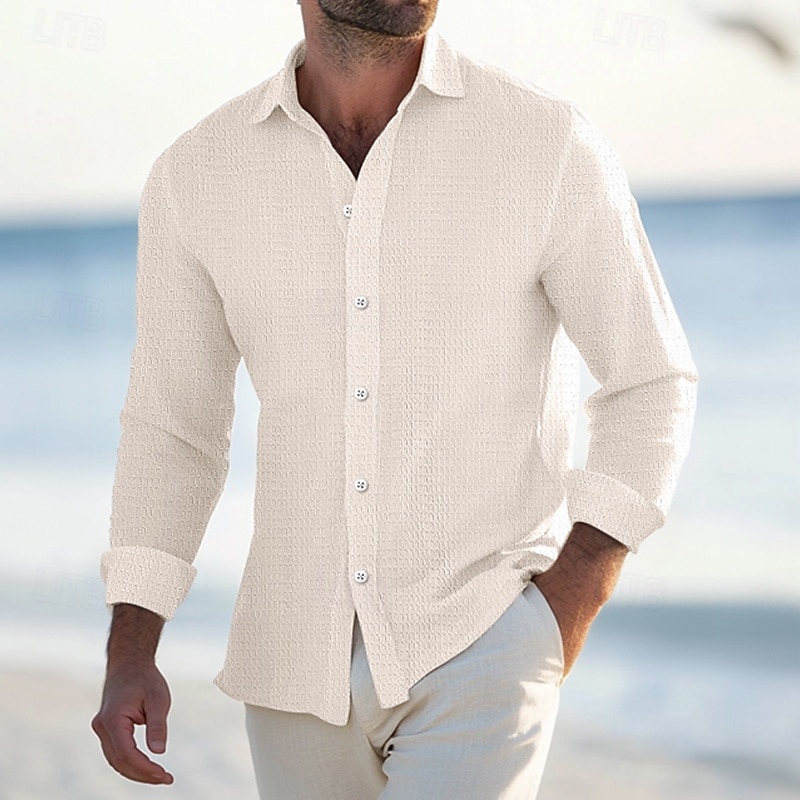 Men's Shirt Waffle Shirt Summer Shirt Casual Shirt Button Up Shirt Black White Blue khaki Long Sleeve Plain Lapel Vacation Daily Clothing Apparel Fashion Casual Comfortable3