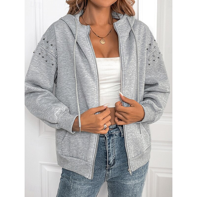 Women's Zip Up Hoodies Plain Modern Comfy Long Sleeve Hooded Regular Tops Casual Patchwork Zipper Pocket Gray Spring Fall Winter