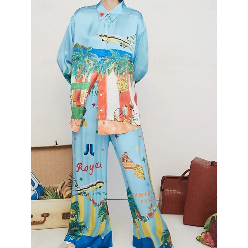 Women's Fashion Streetwear Daily Shirt Blouse Wide Leg Pants Long Sleeve Shirt Collar Graphic Print Casual Daily Blue Fall Regular Fit4