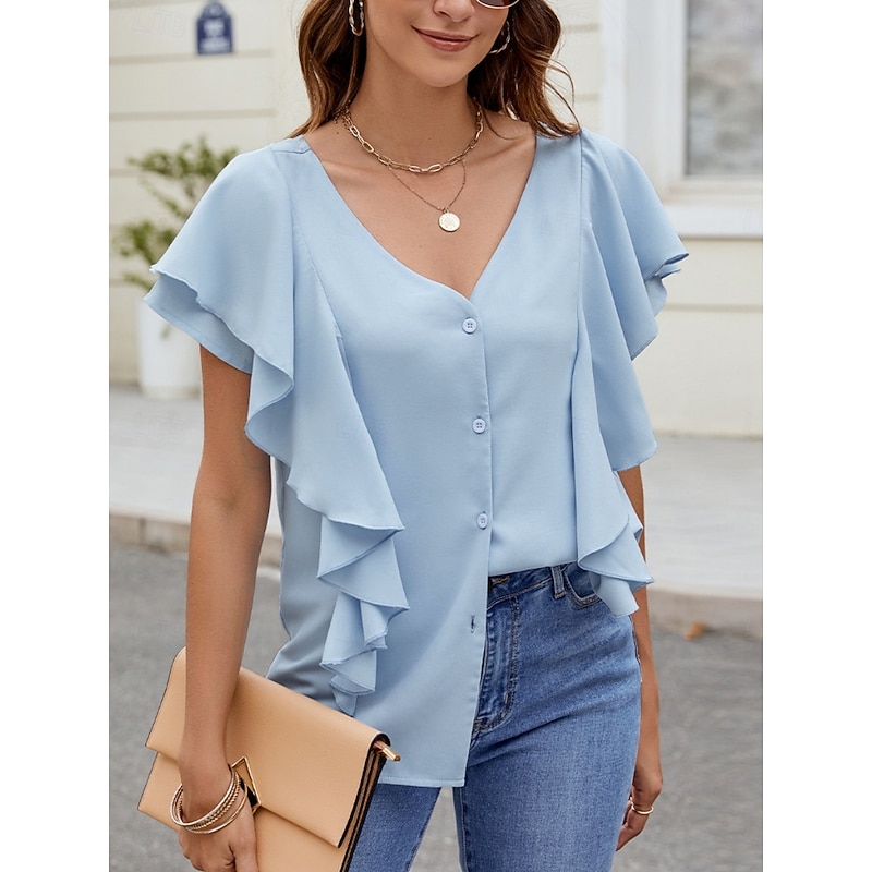 Women's Shirt Blouse Solid Color Basic Casual Short Sleeve V Neck Regular Tops Daily Ruffle Buttons Black Blue Fuchsia Summer Spring Fall