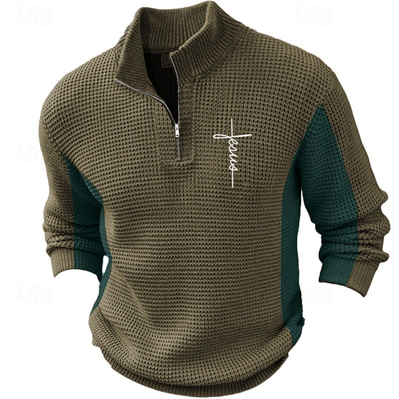 Men's Faith Pullover Sweater Jumper Zip Sweater Polo Sweater Stand Collar Retro Vintage Party Evening Wear Daily Vacation Embroidered Zipper Knitting Long Sleeve Fall Winter Sky Blue Brown Green2