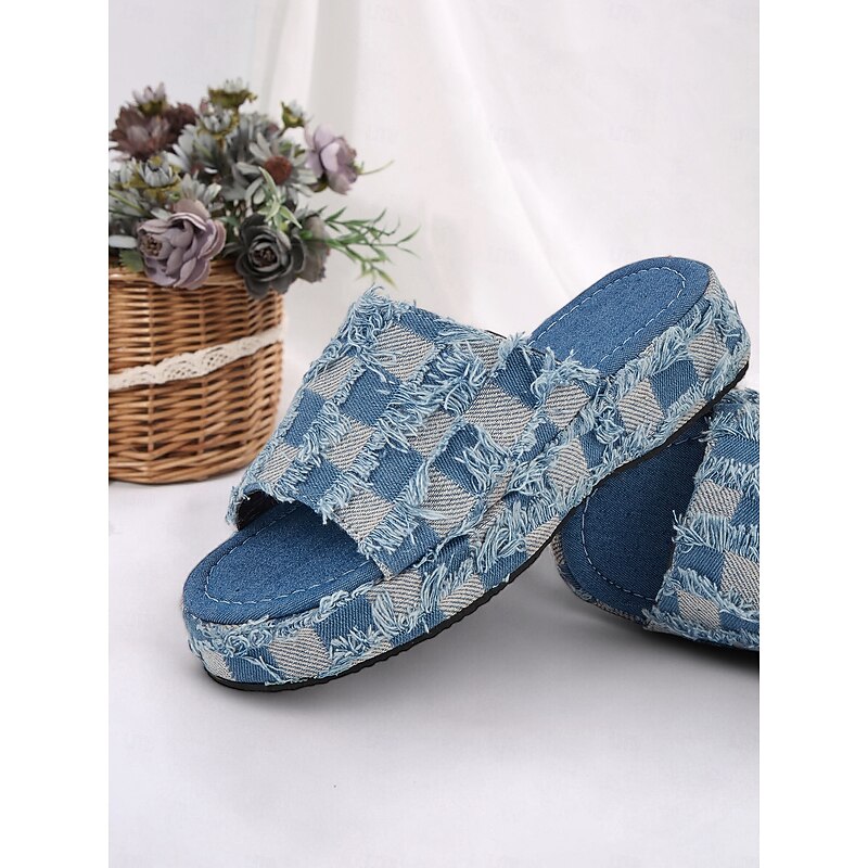 Women's Denim Blue Plaid Platform Slide Sandals with Frayed Detailing - Casual Summer Shoes for Beach and Everyday Wear3