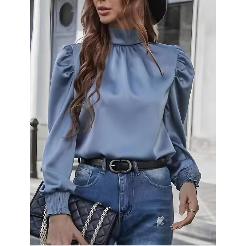 Women's Shirt Elegant Dressy Satin Solid Color Elegant Casual Long Sleeve Turtleneck Regular Tops Wedding Guest Work Ruched Blue Rose Pink Summer Spring4