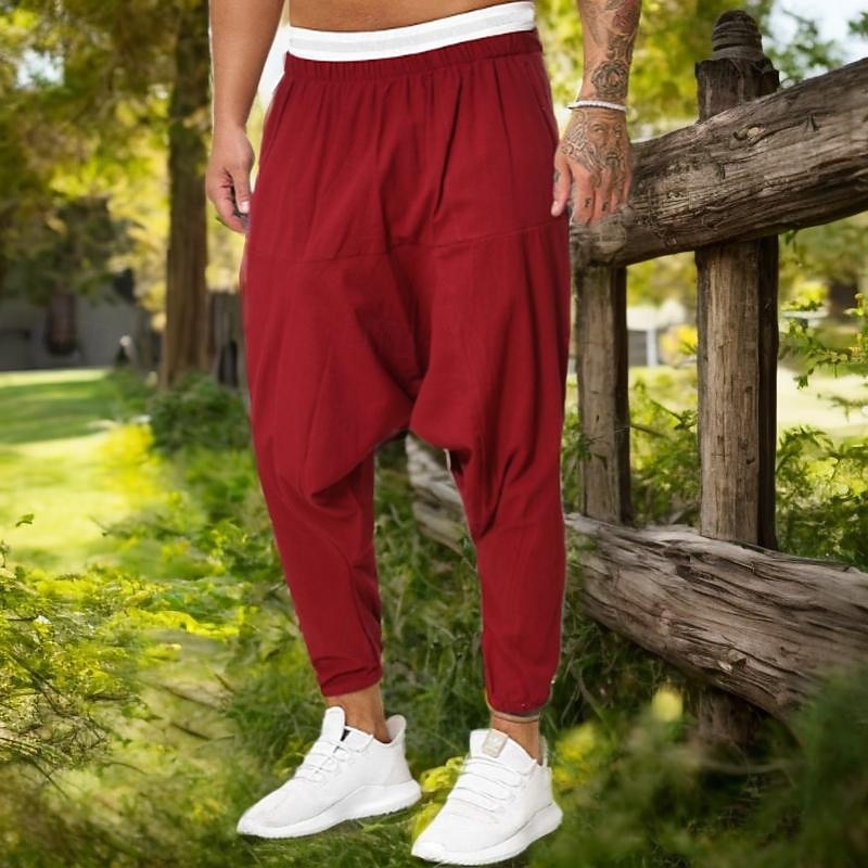 Men's Joggers Linen Pants Trousers Summer Pants Baggy Pants Elastic Waist Drop Crotch Plain Comfort Breathable Full Length Home Casual Daily Fashion Yoga Black Red