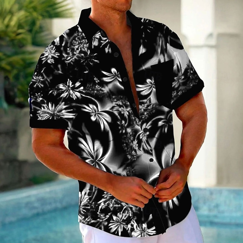 Men's Floral Summer Hawaiian Shirt Aloha Shirt Short Sleeve Hawaiian Resort Causal Casual Summer Spring Turndown Button Up Pocket Black Blue Purple Green2