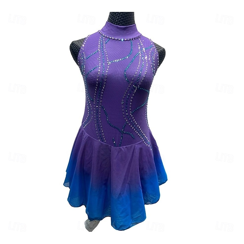 Figure Skating Dress Women's Girls' Ice Skating Dress Red Purple Patchwork Asymmetric Hem Mesh Spandex Stretchy Training Practice Professional Skating Wear Crystal / Rhinestone Sleeveless Figure4