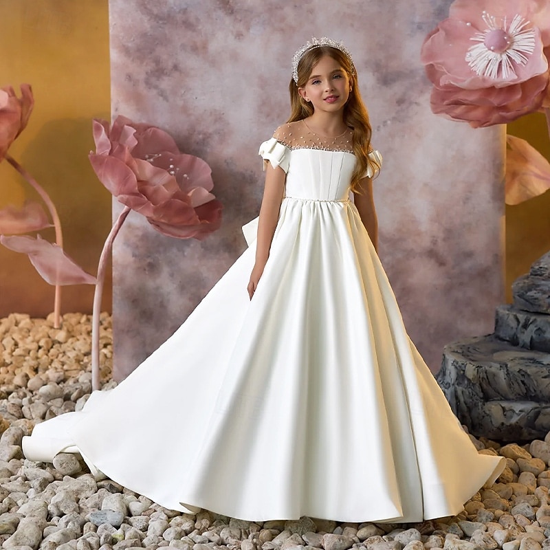 Flower Girl Dress Girls' First Communion Dress Party Dress Performance Wedding Party Princess Sweet Mesh Solid Color Sleeveless Off Shoulder Ivory kids