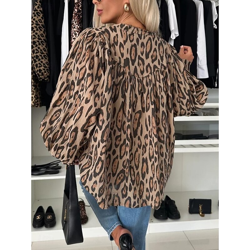 Women's Shirt Blouse Geometric Casual Long Sleeve Turtleneck Regular Tops Daily Buttons Print White Yellow Fall Winter3