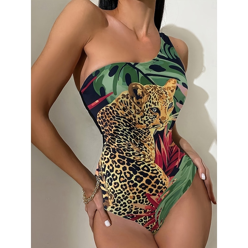 Women's Swimsuits One Piece Monokini Swimsuit Backless Tummy Control High Waist Slim Vacation Beach Wear Leopard Leaves Asymmetric Neck Sleeveless Bathing Suits